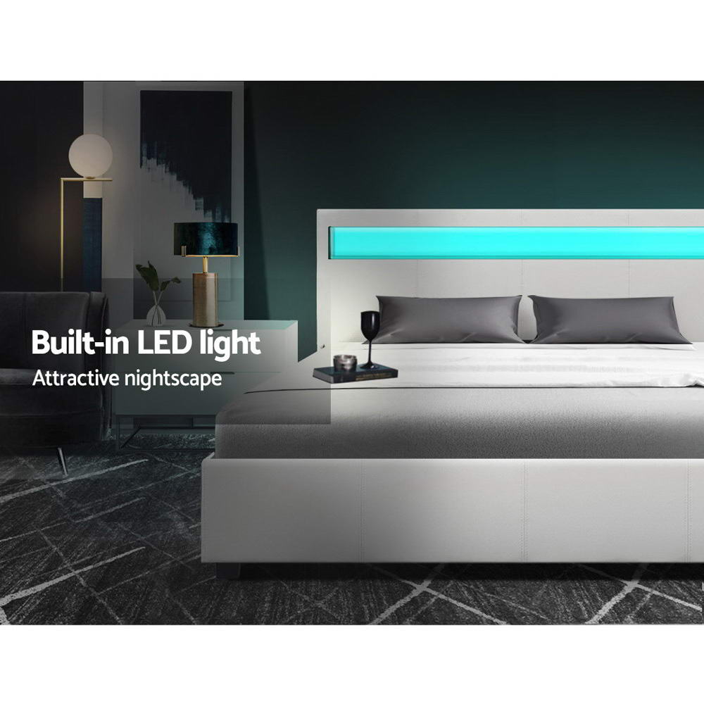 Artiss Bed Frame Double Size Gas Lift RGB LED White Cole