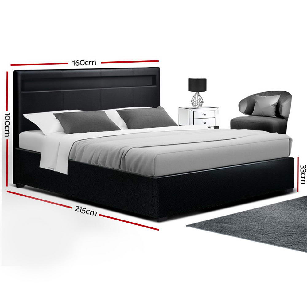 Artiss Cole LED Bed Frame PU Leather Gas Lift Storage - Black Queen