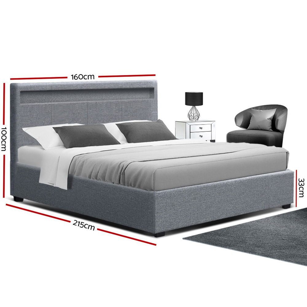 Artiss Cole LED Bed Frame Fabric Gas Lift Storage - Grey Queen