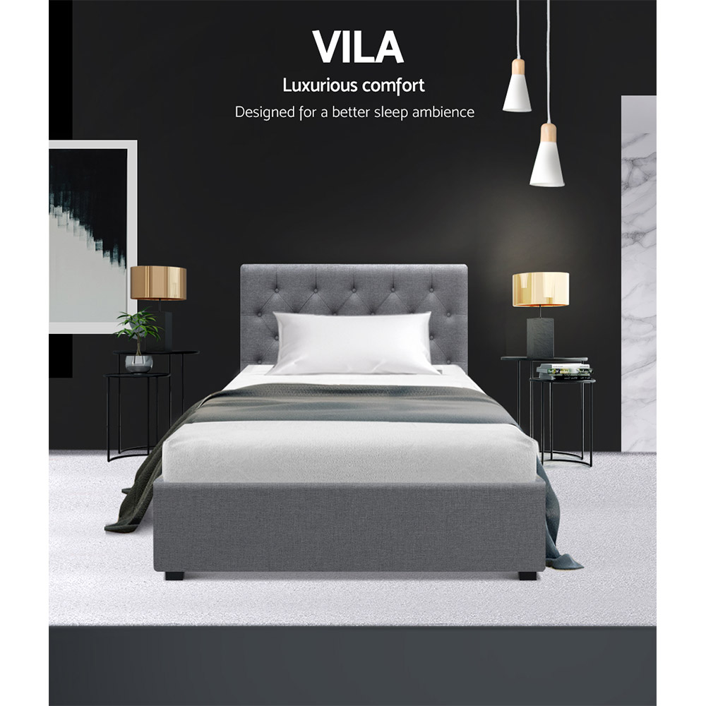 Artiss Vila Bed Frame Fabric Gas Lift Storage - Grey King Single