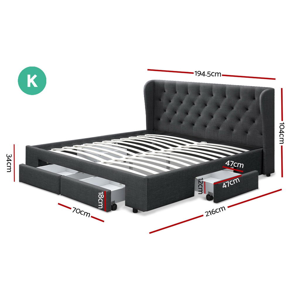 Artiss Mila Bed Frame Storage Drawers Fabric - Charcoal King
