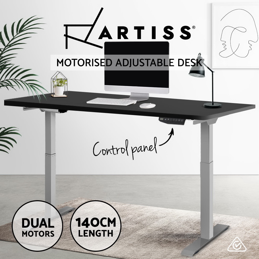 Artiss Standing Desk Adjustable Height Desk Dual Motor Electric Grey Frame Black Desk Top 140cm