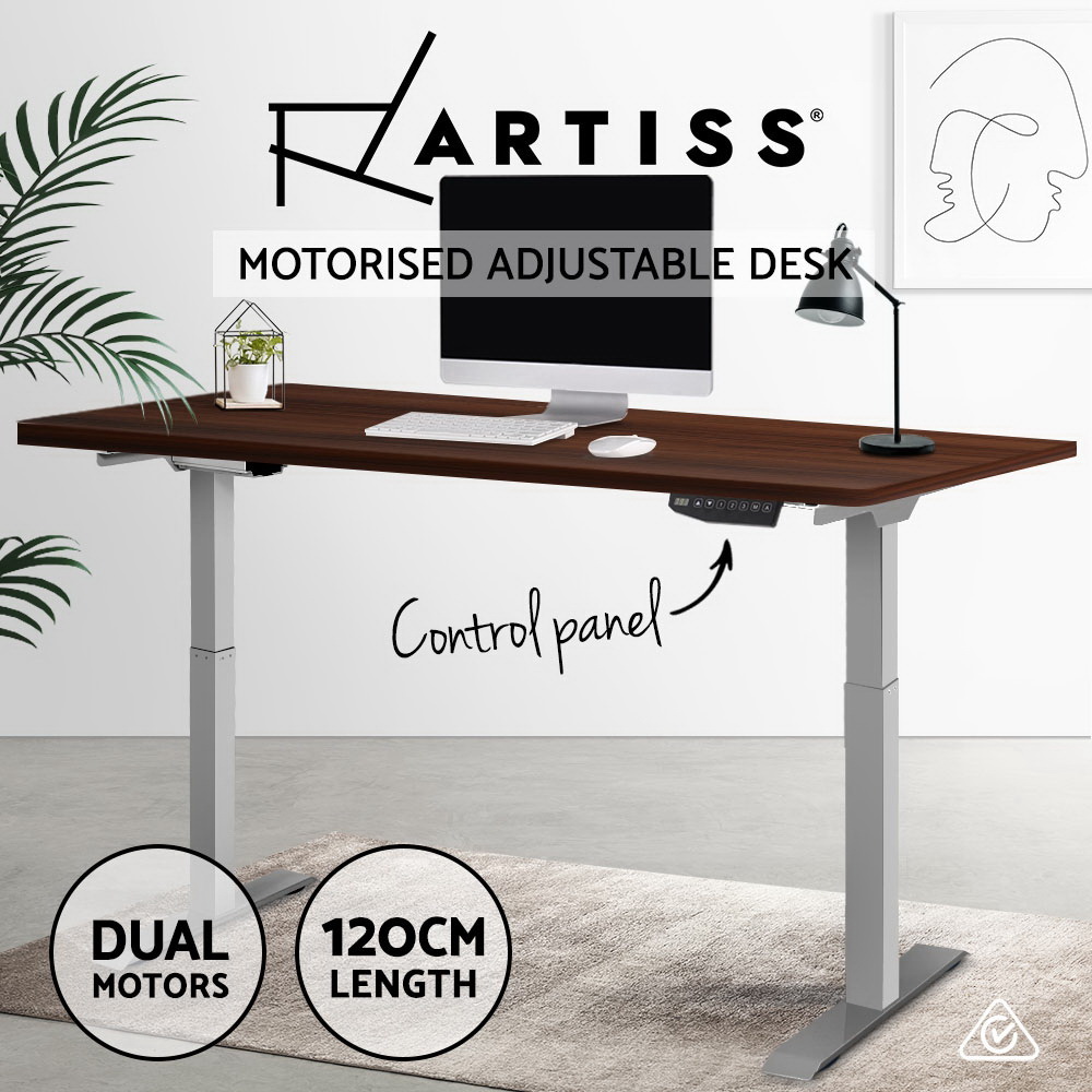 Artiss Standing Desk Adjustable Height Desk Dual Motor Electric Grey Frame Walnut Desk Top 120cm