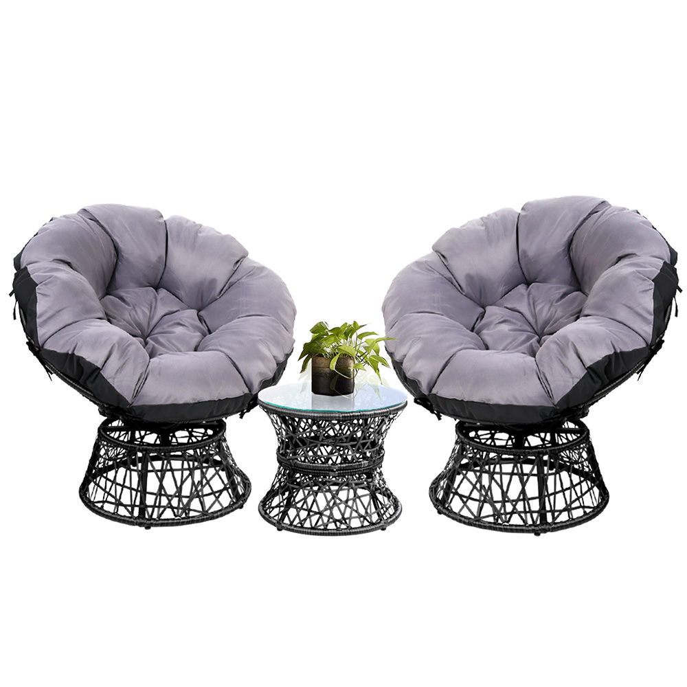 Gardeon Outdoor Lounge Setting Papasan Chairs Table Patio Furniture Wicker Black