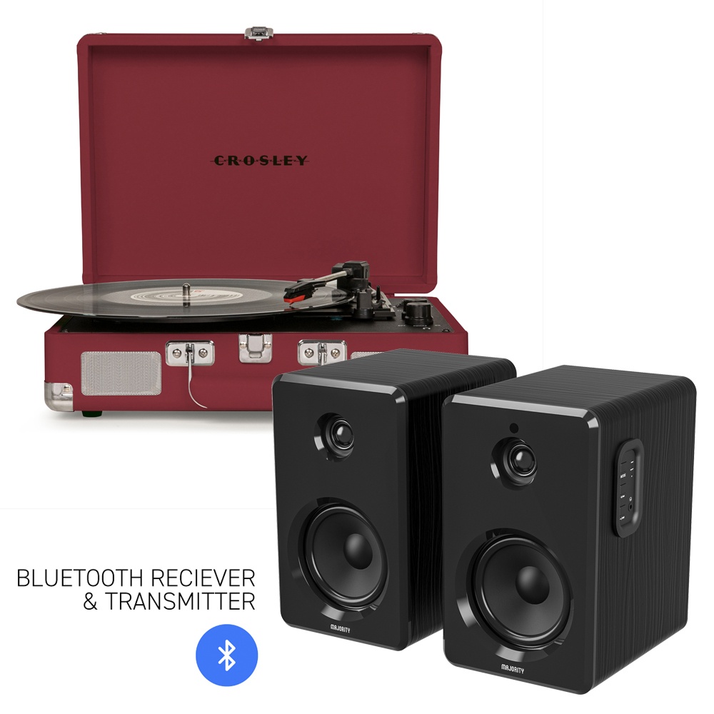 CROSLEY Crosley Cruiser Bluetooth Portable Turntable - Burgundy + Bundled Majority D40 Bluetooth Speakers - Black
