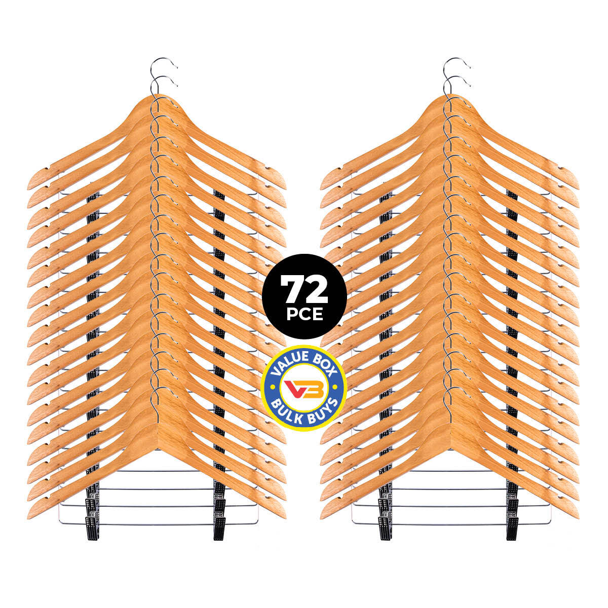 Home Master 72PCE Wooden Coat Hangers Adjustable Clips Swivel Hook 44cm