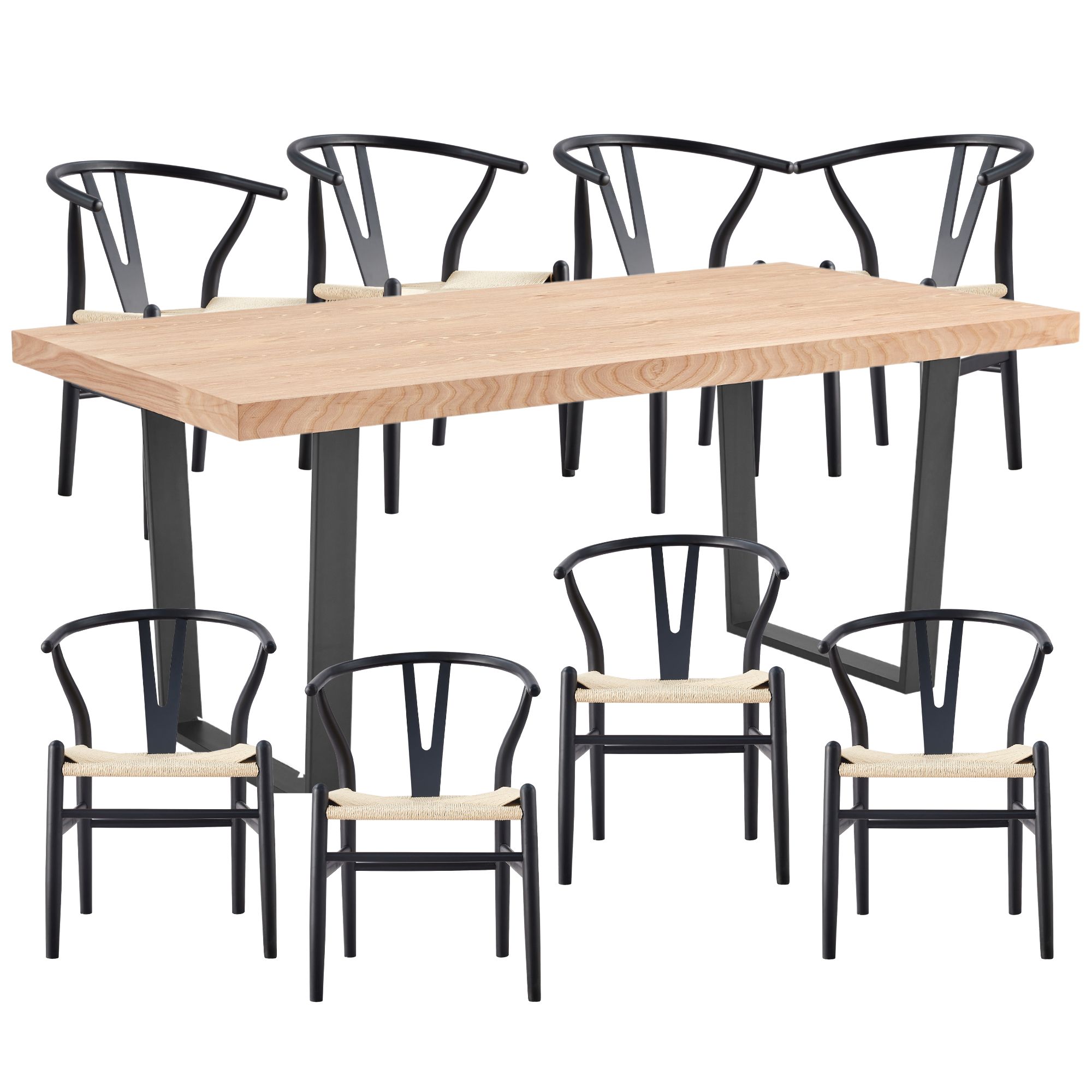 Petunia  9pc 210cm Dining Table Set 8 Wishbone Chair Elm Timber Wood Metal Leg